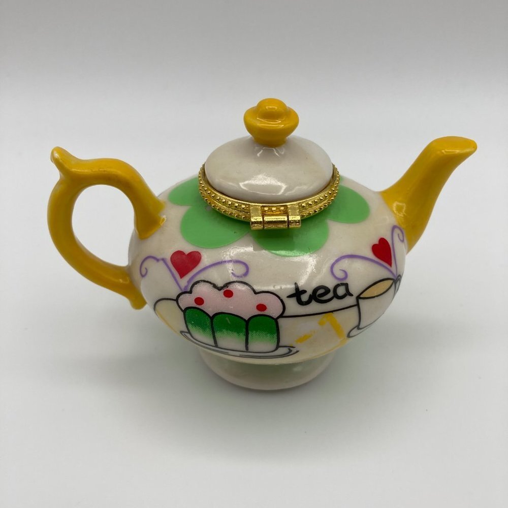 Miniature Porcelain Hinged Teapot Trinket, Pill, Jewelry Holder - Picture 2 of 7